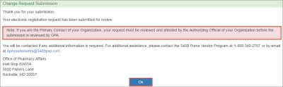 The Change Request Submission confirmation page is displayed. Click the OK button to complete the attestation.